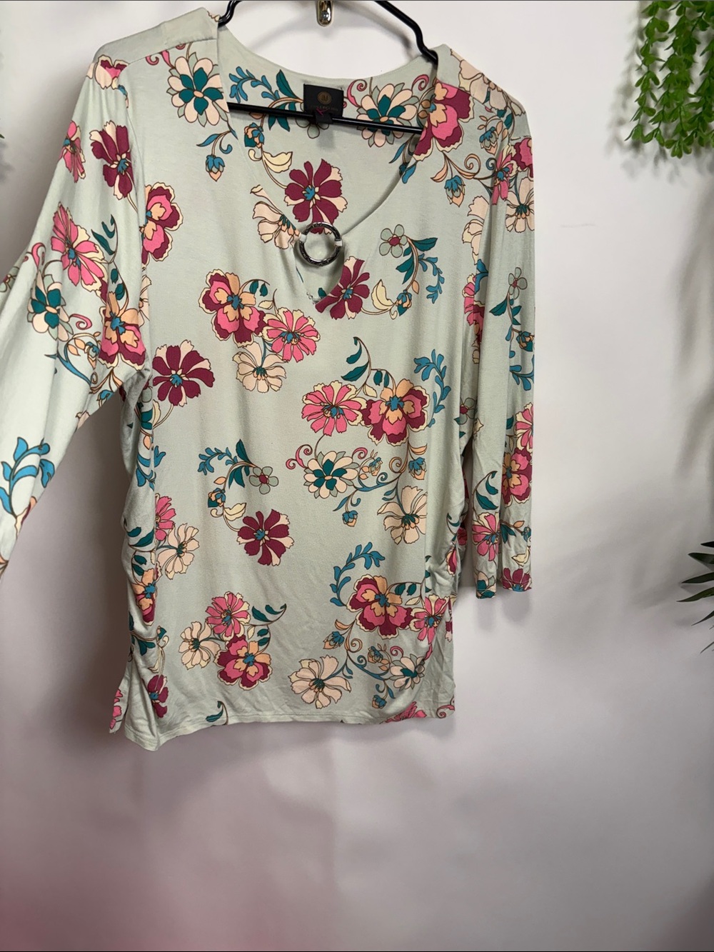 JM Collection Mint Floral V-Neck Top with Ring Accent